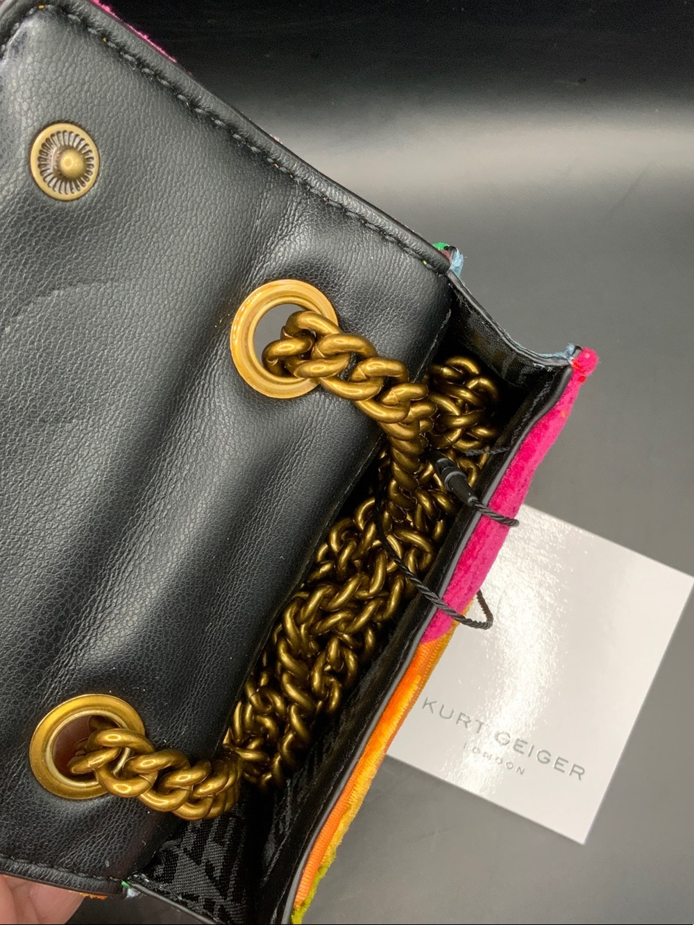 Kurt Geiger Pink Orange Green Velvet Chain Card Holder Shoulder Bag - Picture 3 of 8